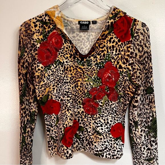 Cabo | 90s | Women’s S | Pullover Hoodie | Animal Print + Roses Mixed Media - Picture 5 of 10